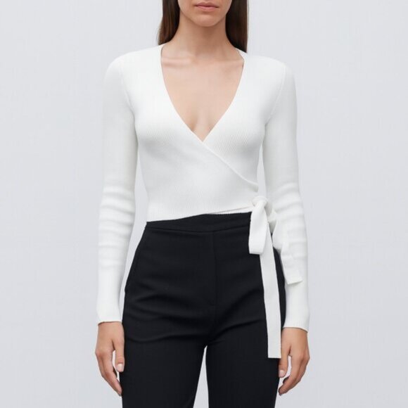 Missguided White Ribbed Wrap V neck Top Long Sleeve Size Small 26e - Picture 1 of 6